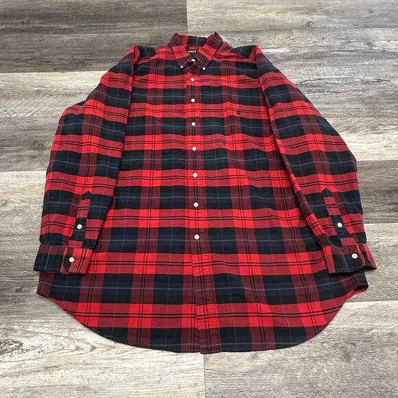 Vintage 90s Ralph Lauren Red Black Tartan Mens 2XLT Button Up Long Sleeve Shirt - Picture 2 of 9